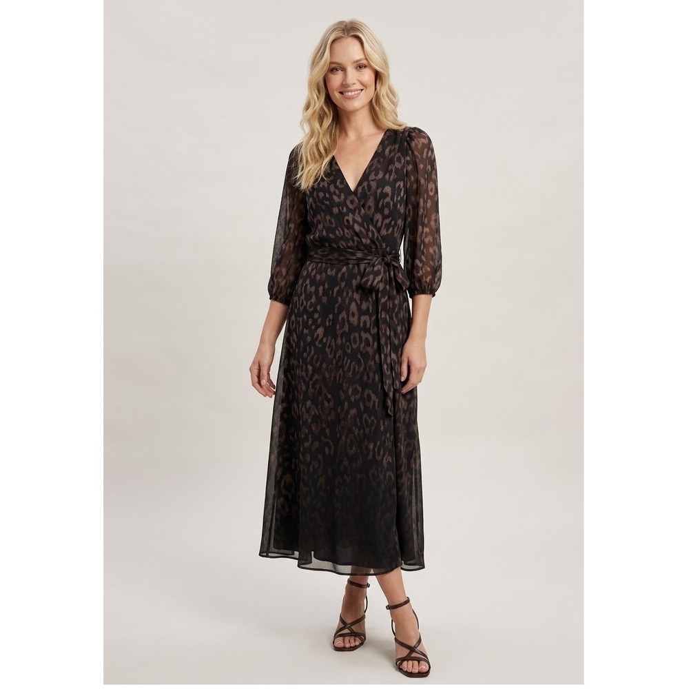 DKNY Brown Leopard Print Faux Wrap Midi Dress 3/4 Puff Sleeve Size 4 DD5G270A